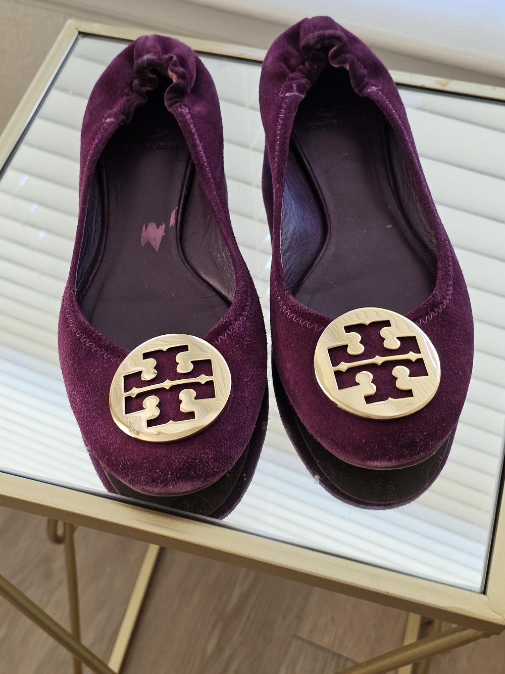 Tory Burch Plum Velvet Ballet Flats with Gold Logo